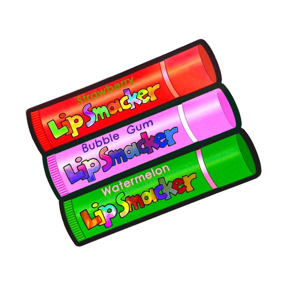 Retro 90s Holo Lip Smacker Sticker - Vintage Lip Smacker Sticker - Y2K Holographic Sticker - Strawberry Bubble Gum Watermelon