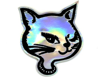 Retro 90s Holo Winking Cat Patch - Kitty Cat Patch - Vintage Winking Cat Sticker