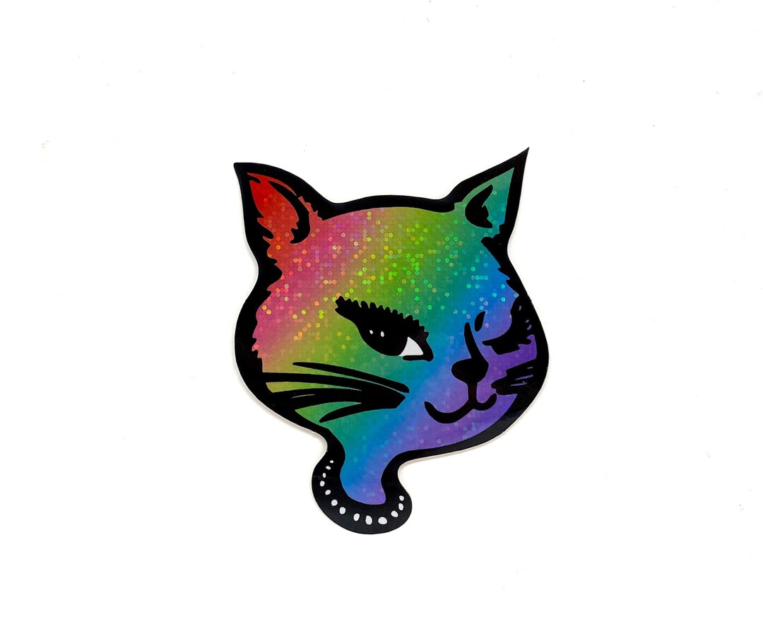Retro Glitter Rainbow Winking Cat Stickers 90s Winking Cat Etsy