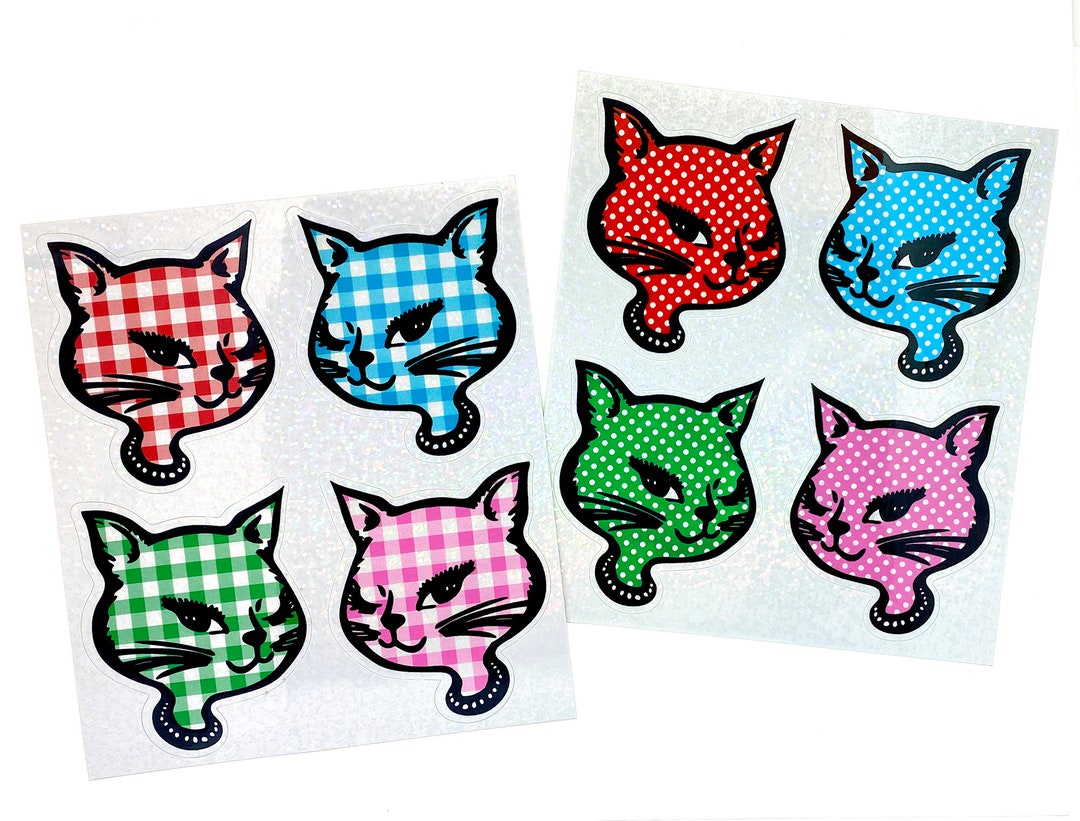 Retro Vintage Glitter Winking Cat Sticker Sheets 90s Winking Cat