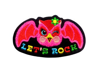 Parche de búho Let's Rock: bonito parche termoadhesivo bordado retro para chaqueta de batalla, estilo kitsch, para niños y niñas, atrevido, brillante y divertido.