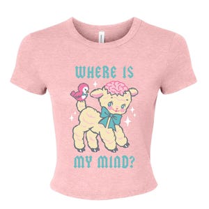 May include: A heather pink short-sleeve t-shirt featuring a graphic of a cream-colored lamb with an exposed pink brain, a blue bow, and a small pink bird. The text "WHERE IS MY MIND?" is printed in teal above and below the illustration.