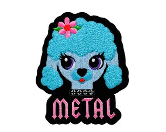 Parche de caniche de metal: lindo parche termoadhesivo bordado con diseño de perro de heavy metal retro, ideal para chaqueta de batalla, kitsch, kindercore, kidcore, atrevido, brillante y divertido.