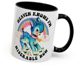 Taza retro adorable con la frase "Help the Heaven Knows I'm Miserable Now" - Taza de café vintage con ciervo kitsch de The Smiths