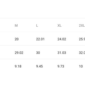 May include: A size chart table labelled Imperial with columns for XS through 4XL. Rows display width, length, and sleeve length measurements in inches for each size, ranging from 16.5 to 30 inches for width, 27.01 to 33.98 inches for length, and 8.63 to 10.79 inches for sleeve length.