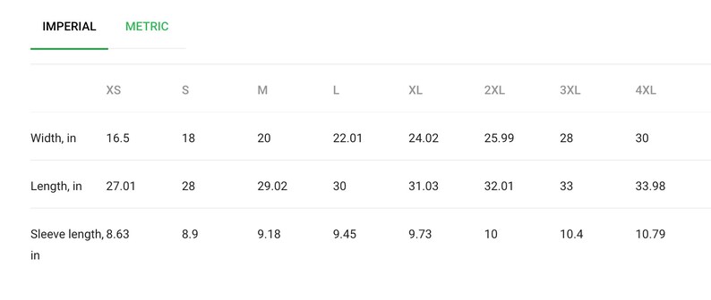 May include: A size chart table labelled Imperial with columns for XS through 4XL. Rows display width, length, and sleeve length measurements in inches for each size, ranging from 16.5 to 30 inches for width, 27.01 to 33.98 inches for length, and 8.63 to 10.79 inches for sleeve length.