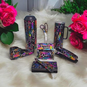 Rainbow Leopard Glitter Desk Set: Tumbler, Stapler, Pen & More