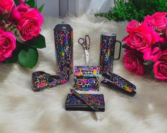 Rainbow Leopard Glitter Desk Set: Tumbler, Stapler, Pen & More