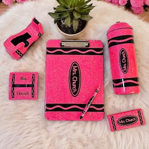 Glitter Crayon Teacher Set: Desk Organizer, Pen, Clipboard