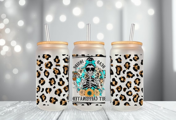 Dead Inside But Caffeinated Tumbler with Lid and Straw | Dead Inside Glass Can 16oz | Skeleton Tumbler | Glass Coffee Cup | Iced Coffee Cup