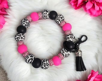 Leopard Silicone Beaded Wristlet Keychain: Hot Pink Accent