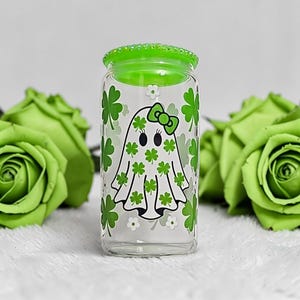 St Patricks Day Ghost Glass Can Tumbler | Shamrock Ghostie 16oz Libbey Style Cup | Lucky Clover Iced Coffee Glass | Rhinestone or Bamboo Lid