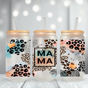Mama Leopard Glass Can Tumbler (16oz) with Lid and Straw