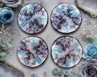 Handmade Slate Coaster Set | Cork Backed Coasters | Aqua & Grey Abstract Coasters | Housewarming Gift | Rustic Stone Drink Coasters