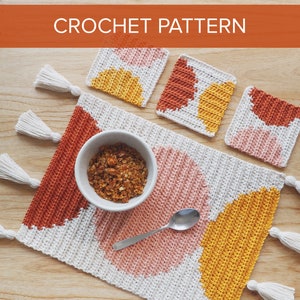 CROCHET PATTERN • CIRCLES Placemat and Coasters - Decor Modern Intarsia Crochet Retro Mid Century