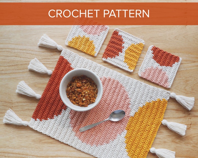 CROCHET PATTERN CIRCLES Placemat and Coasters Decor Modern Intarsia Crochet Retro Mid Century image 1
