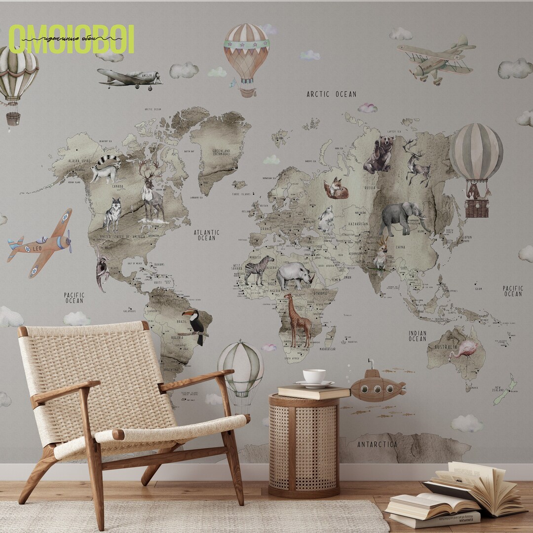 Kids World Map Wallpaper Non-woven Wallpaper Modern Wall - Etsy