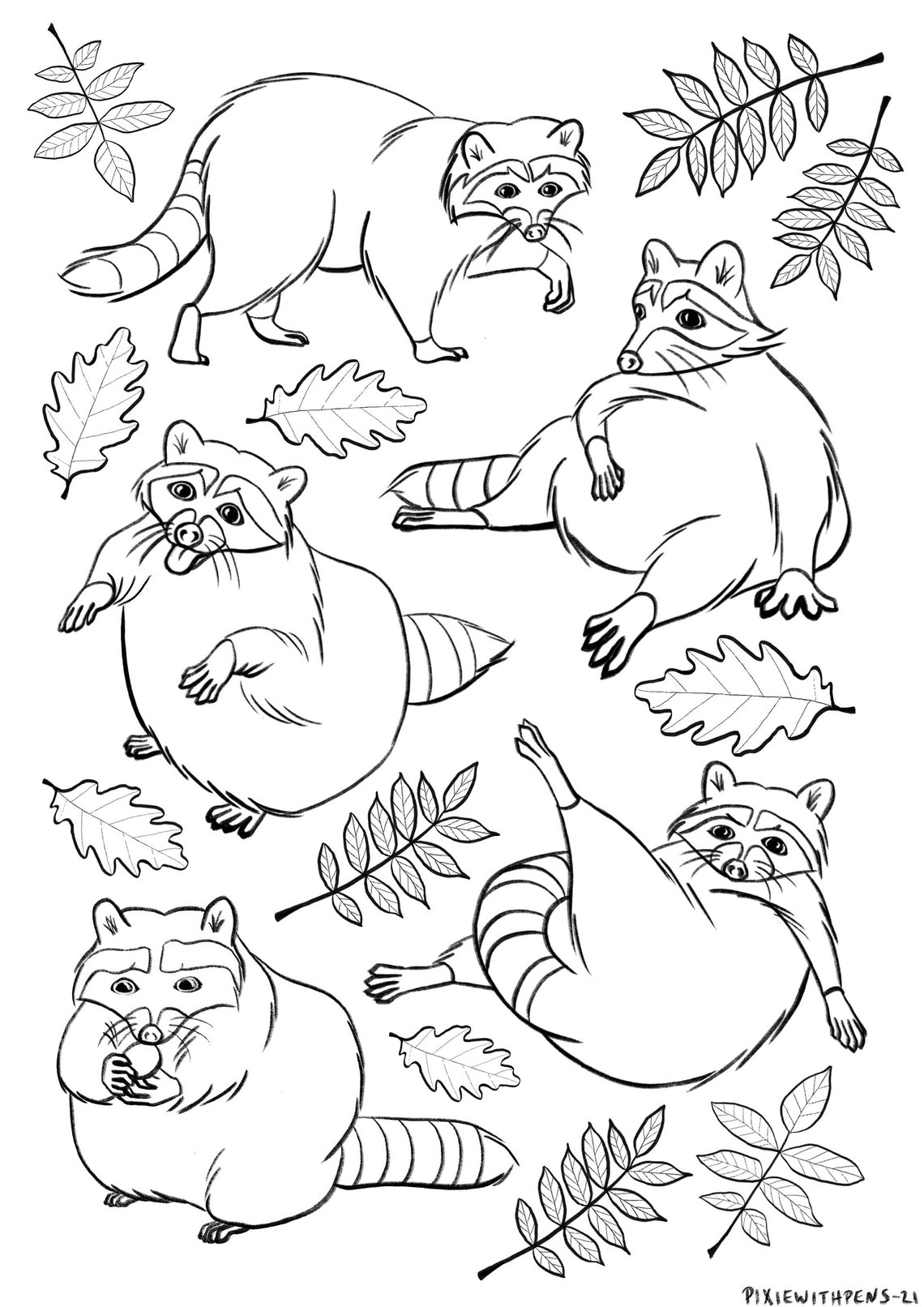 Cute racoons coloring page printable digital download | Etsy