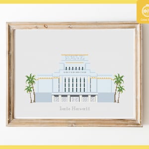 Puede incluir: Patrón de punto de cruz del Templo de Laie Hawái, un edificio blanco con detalles dorados, rodeado de dos palmeras. El texto "Laie Hawái" está debajo del edificio.