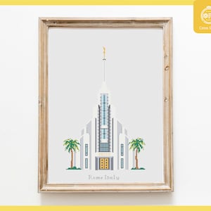 May include: A cross stitch pattern of a white building with a tall spire, surrounded by palm trees. The building has a large, arched entrance and windows. The text "Rome Italy" is printed below the building.