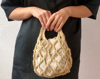 mini handbag, mini crochet bag, japanese crochet bag, beige net bag, mesh bag, string bag, statement bag, mini macramé bag, gift for friend