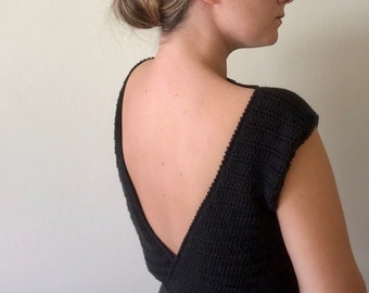 Black statement top, Open back shirt, Boho black blouse, deep V back, black backless top, black crochet blouse, elegant open back top