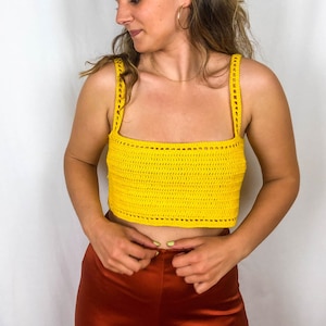 Yellow crop top, yellow summer top, bohemian tank top, boho crochet top, square neck knit top, knit tops for women, cotton tube top.