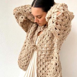 Beige wool cardigan, tie front cardigan, crochet sweater, granny square cardigan, fall style, chunky cardigan, warm cardigan, crochet jacket