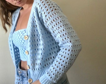 Knit cropped cardigan, blue crop jacket, cardigan with buttons, knit sweater, blue cardigan sweater, wool cocoon, gift for daughter