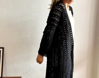 Black crochet long cardigan, long cotton robe, crochet duster, crochet dressing gown, organic cotton cardigan, crochet cardigan long black