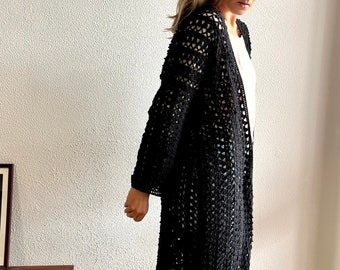 Long cotton cardigan, black cardigan, long crochet cardigan, hand knit cardigan, boho cardigan, crochet duster, crochet tunic, open front