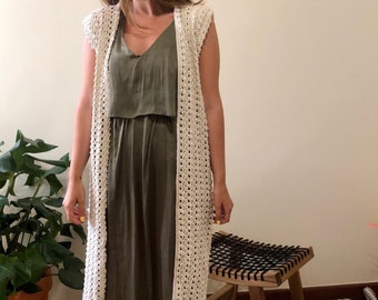 Long vest, Crochet cover up, sleeveless tunic, crochet boho vest, tunic vest, sleeveless cardigan, beige waistcoat knit long vest open vest