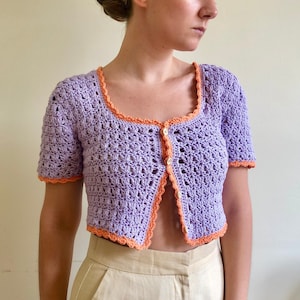 Short Sleeve Knit Top, button up blouse, purple and orange top, crochet top, retro crop top, lace cotton sweater, vintage style tee Purple-orange