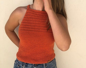 Crochet tank top, Sleeveless halter top, rust top, orange knit top, cotton tank top, crochet long top, made to measure top, hand knit top.