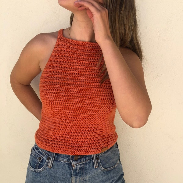 Crochet tank top, Sleeveless halter top, rust top, orange knit top, cotton tank top, crochet long top, made to measure top, hand knit top.