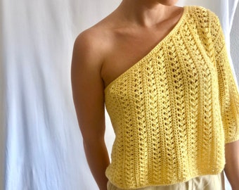 One sleeve shirt, yellow light sweater, lace sweater, off shoulder blouse, cold shoulder long top, asymmetrical shirt, knitted light sweater