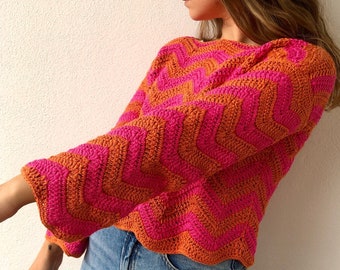 Retro sweater, Striped sweater, hand knitted pullover, orange sweater, cotton crochet sweater, chevron sweater, bell sleeves, flare sleeves