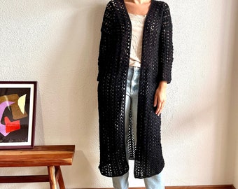 Cotton crochet cardigan, long cotton cardigan, black robe, black kimono, toe length cardigan, lace duster, maxi cardigan, boho long duster