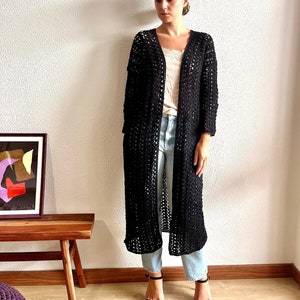 Cotton crochet cardigan, long cotton cardigan, black robe, black kimono, toe length cardigan, lace duster, maxi cardigan, boho long duster