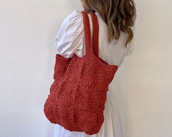 Handmade shoulder bag, Orange Crochet bag, gift for mum, perfect gift for her, knit bag, shoulder handbag, granny square bag, woven bag boho