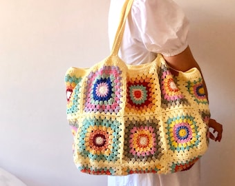Knit crochet bag, crochet tote bag, crochet shoulder bag, large beach bag, yellow boho bag, flower knit bag, granny square bag, colorful bag