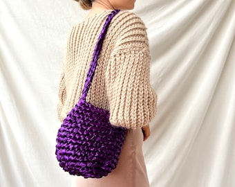 Purple bag, Elegant bag, Evening shoulder bag, Bucket bag, statement bag, winter shoulder bag, satin purse, evening bag, unique bag, clutch