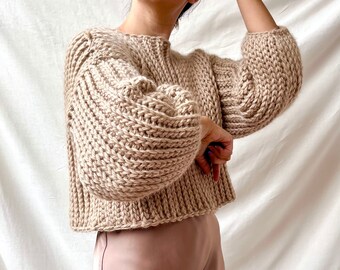 Wool sweater, cropped chunky sweater, pure wool cardigan, crochet sweater, wool pullover, warm jumper, cozy knitwear, beige winter sweater