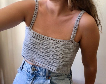 Crochet crop tee, Grey hand knit top, gray cropped top, sleeveless cotton top, square neckline, crochet bralette, bustier, hand knitted tank