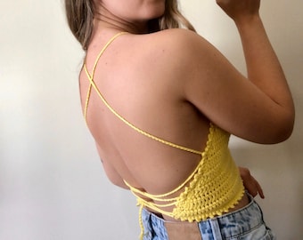 Crochet top, halter top, open back top, backless top, rave crop top, handmade top, boho top, hand knit top, gift for girlfriend