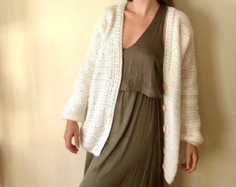 Oversized knit cardigan, V neck cardigan, off white cardigan, long cardigan with buttons, Slouchy wool cardigan, classic cardigan