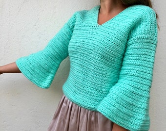 Ready to ship, Knit sweater, Flare sleeve, mint wool jumper, pullover for women, bell sleeves sweater, chunky handmade sweater V neck jumper