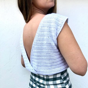 White open back top, Boho knit tank top, Open back knit top, Crochet cotton top for women, White sleeveless deep top, Summer white knit top.