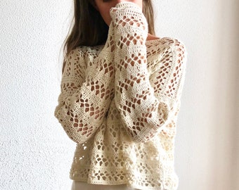 Crochet sweater, Lace sweater, Knit crochet sweater, loose knit sweater, sheer sweater, Long sleeve top, lace pullover, distressed sweater.