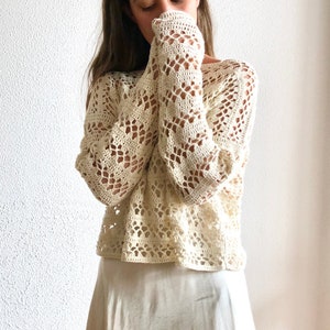 Crochet sweater, Lace sweater, Knit crochet sweater, loose knit sweater, sheer sweater, Long sleeve top, lace pullover, distressed sweater. Beige